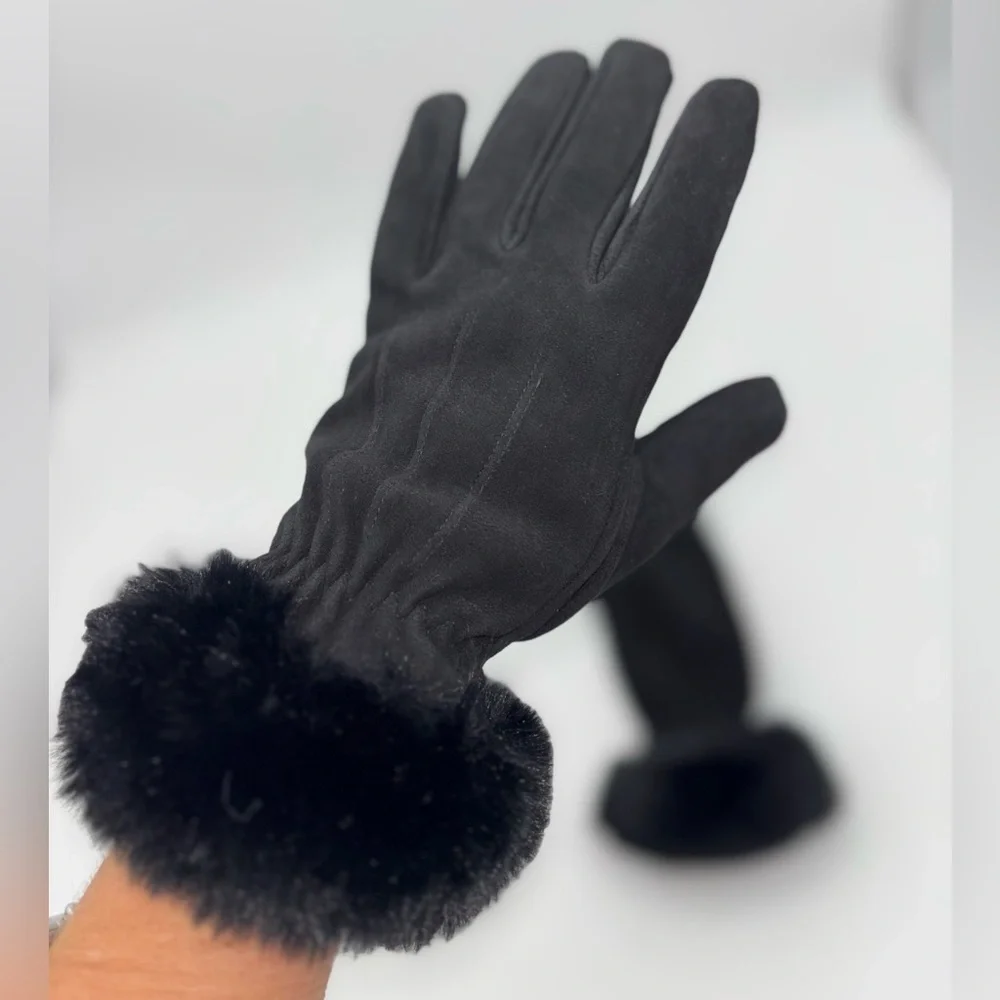 NEW Deer Suede Leather Driving Gloves Skin Faux Fur Cuff Black Touchscreen Wool